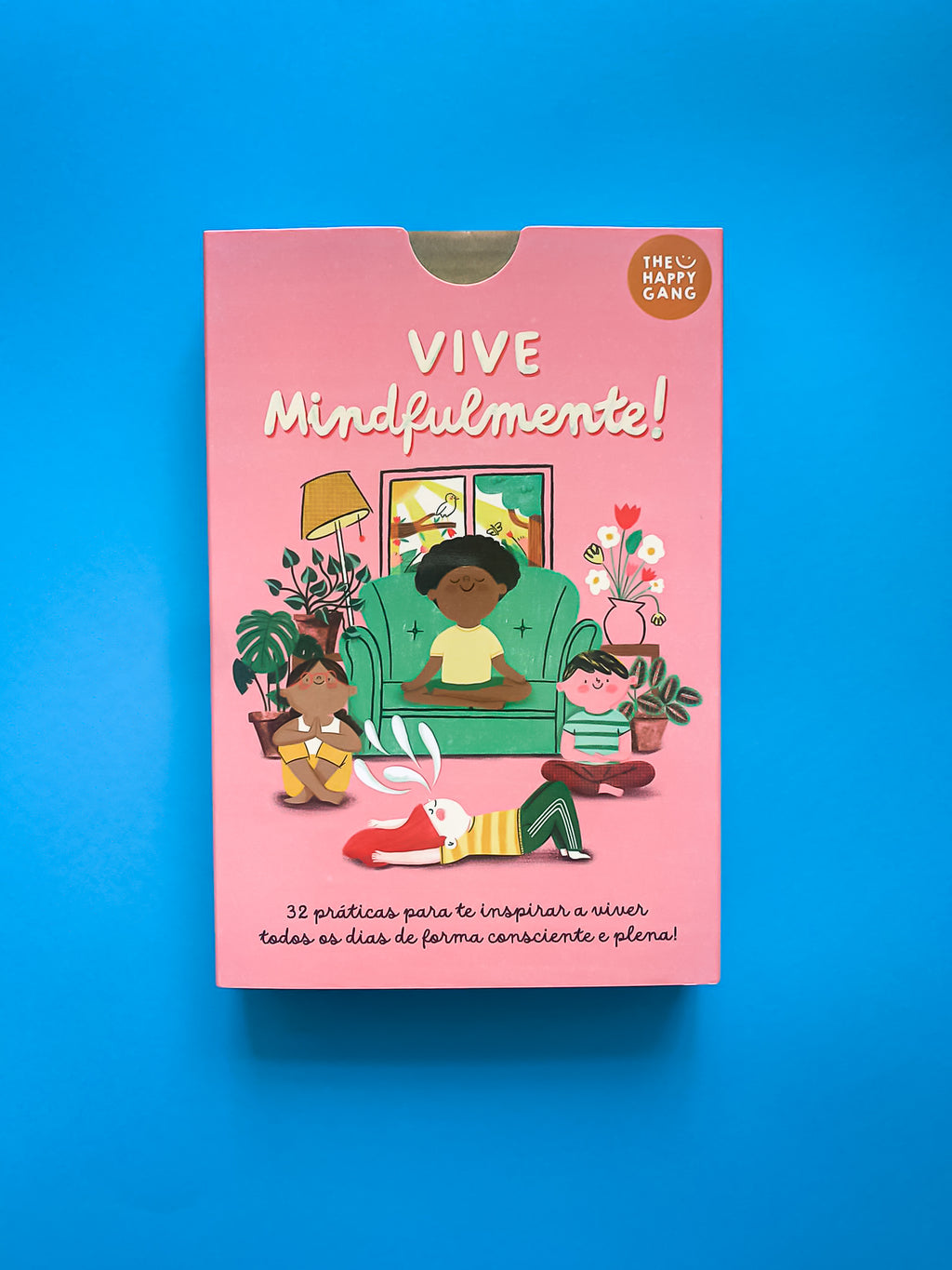 Vista superior do conteúdo completo: livro, 32 cartas e a caixa do produto "THE HAPPY GANG - Vive mindfulmente".
