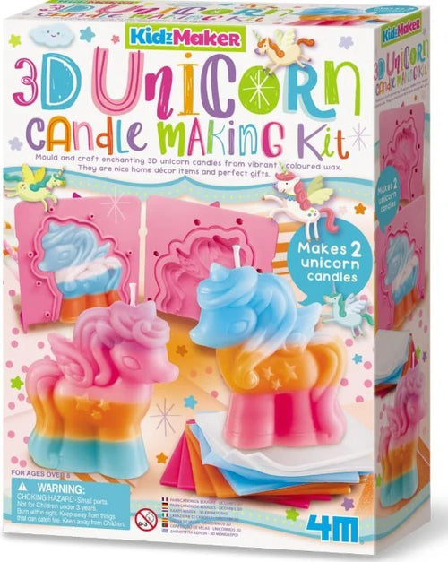Caixa do Kit para Fazer Velas 3D Unicórnio da KidzMaker, mostrando duas velas coloridas prontas e o molde de silicone rosa. Indica que é para idades a partir dos 8 anos.