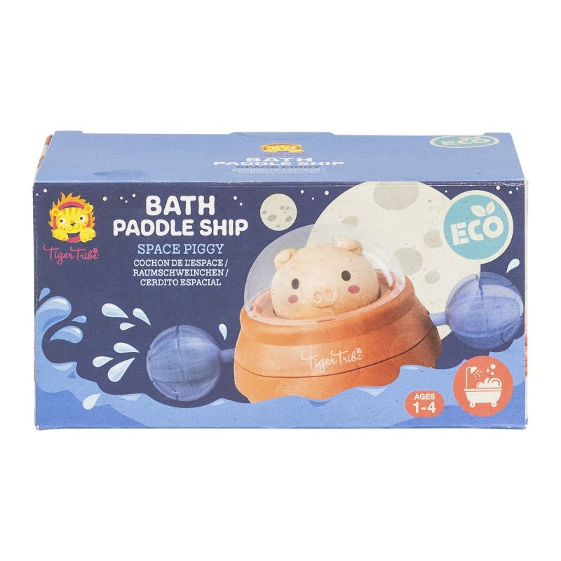 Embalagem do brinquedo de banho Tiger Tribe Bath Paddle Ship - Space Piggy, com porco espacial e logótipo ECO.