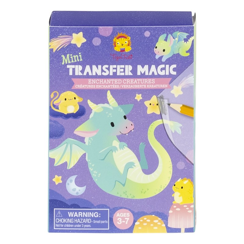 Caixa do Tiger Tribe Mini Transfer Magic com criaturas encantadas em tons pastel, mostrando o design da embalagem e o lápis para transferir os autocolantes.