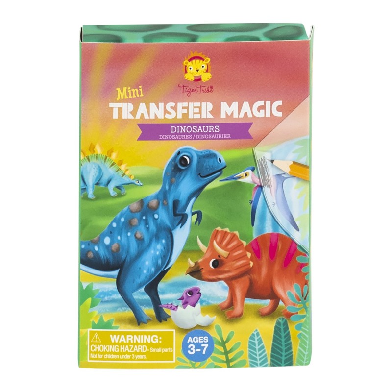 Caixa do Tiger Tribe Mini Transfer Magic Dinosaurs, mostrando a arte colorida da caixa com vários dinossauros e o nome do produto.
