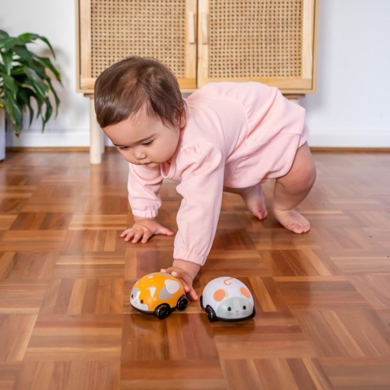 Bebé a interagir com os dois brinquedos "Pull Back" da Tiger Tribe (Gato e Rato) no chão liso.