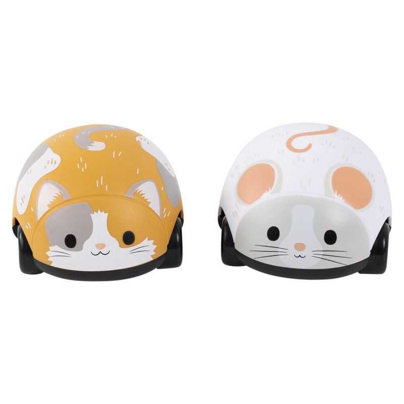 Close-up dos dois brinquedos Pull Backs da Tiger Tribe: um Gato laranja e um Rato branco, vistos de frente.