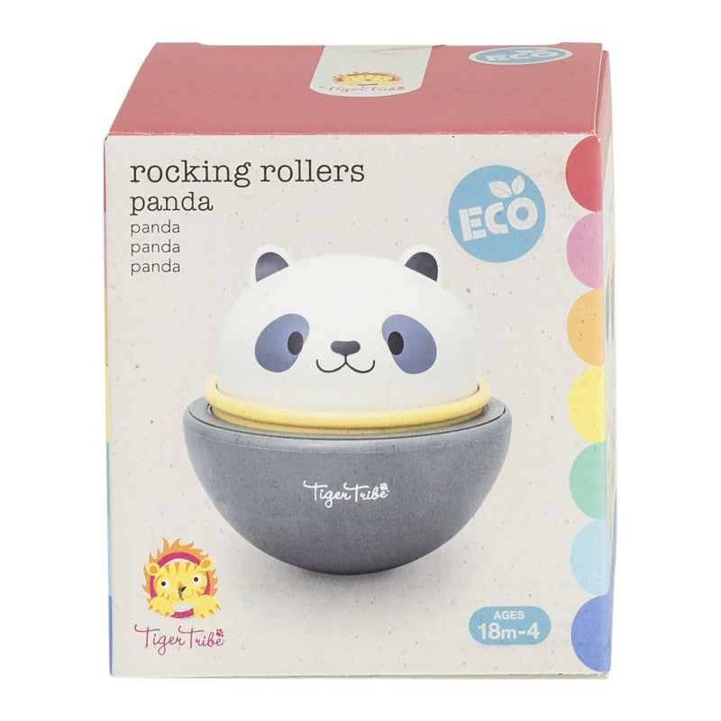 Caixa do produto Tiger Tribe Rocking Rollers Panda, mostrando o brinquedo 2 em 1 em formato de baloiço e a indicação "ECO" e idades 18m-4 anos.