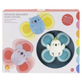 Caixa do produto "Sensory Spinners Aussie Animals" da Tiger Tribe, mostrando os três brinquedos giratórios com ventosa: um Wombat, um Coala e um Cockatoo.