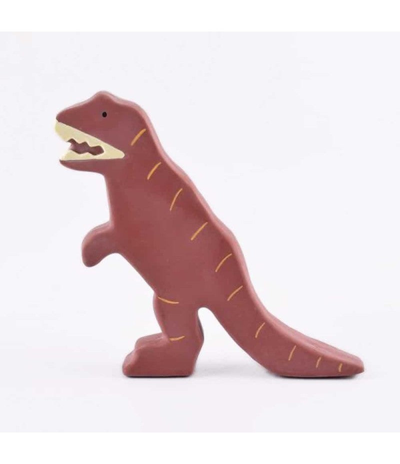 Mordedor de dinossauro T-Rex castanho-avermelhado da marca Tikiri, isolado sobre fundo branco, mostrando o detalhe da textura e da boca amarela.