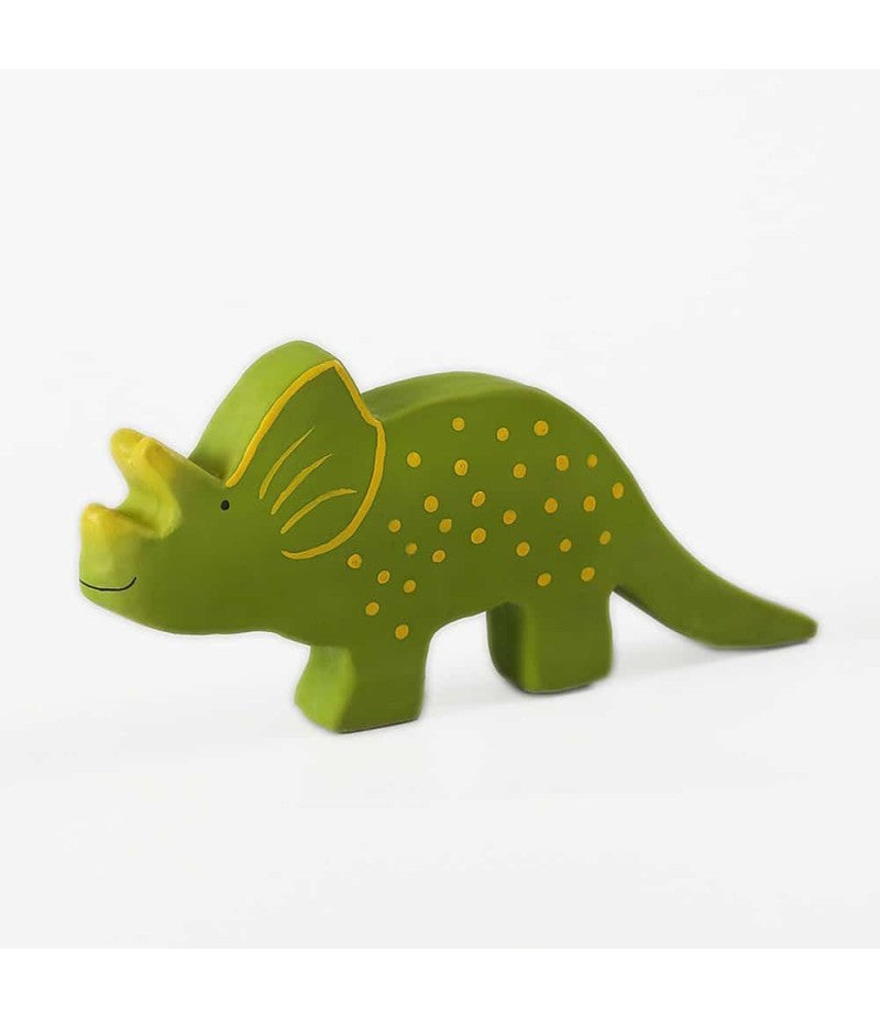 Mordedor em forma de Triceratops, verde, com detalhes amarelos, feito de borracha natural, apresentado sobre fundo branco.