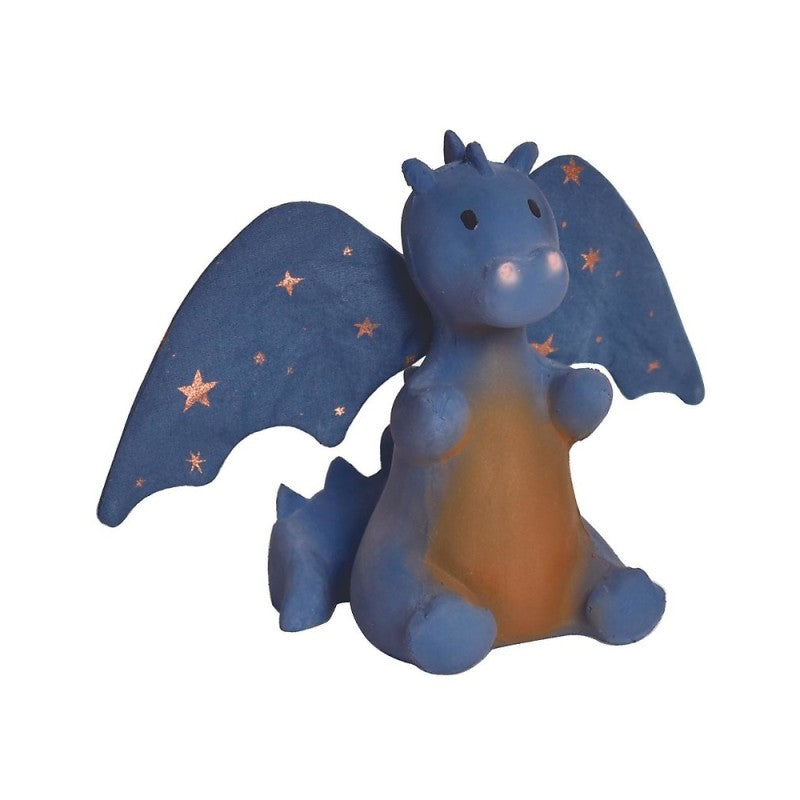 Mordedor e chocalho Tikiri Dragão Azul Fairytales, feito de borracha natural, com asas azuis decoradas com estrelas cor de cobre.