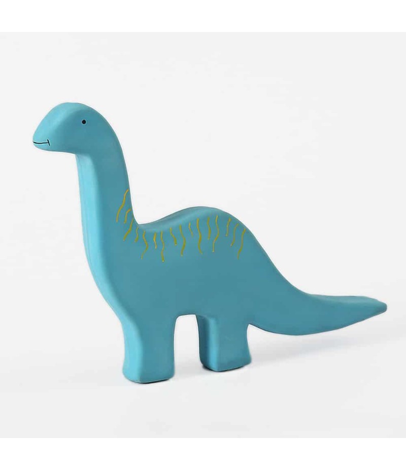 Mordedor Braquiossauri Tikiri azul em borracha natural, com detalhes pintados à mão em amarelo, ideal para a dentição.