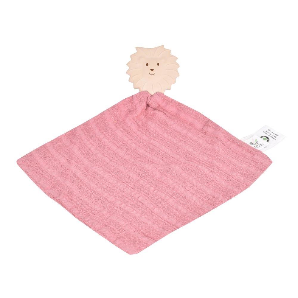 Conjunto de mordedor em caucho natural e muselina de algodão com design de leão para bebés.