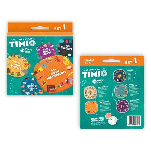 Conjunto Timio de 5 discos com temas educativos: animais selvagens, canções de embalar, cores, instrumentos musicais e partes do corpo. Ideal para crianças a partir dos 2 anos.