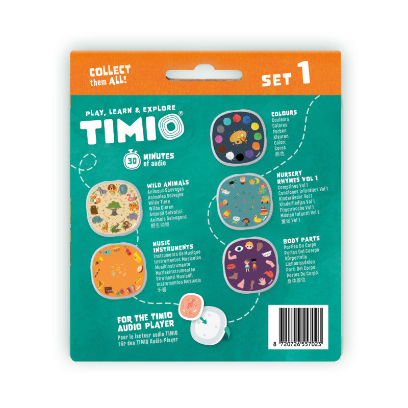 Parte de trás da embalagem do Timio Conjunto 1, com informações em várias línguas e código de barras.