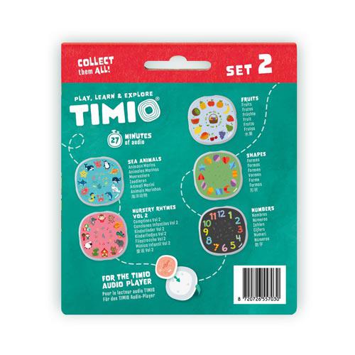 Parte de trás da embalagem do Timio Conjunto 2, mostrando informações adicionais sobre os temas e idiomas disponíveis.