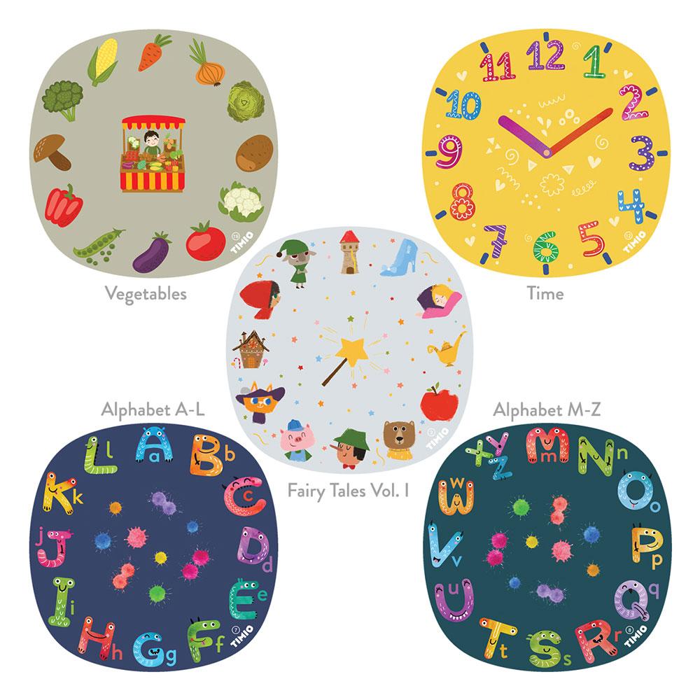 Imagem dos 4 discos do Timio Conjunto 3, mostrando as ilustrações detalhadas: Legumes, Tempo, Alfabeto (A-L) e Alfabeto (M-Z).