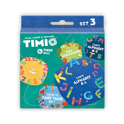 Conjunto Timio 3 com 5 discos temáticos: Contos de Fadas, Tempo, Legumes e Alfabeto (A-Z). Embalagem frontal mostrando os discos e ilustrações coloridas.