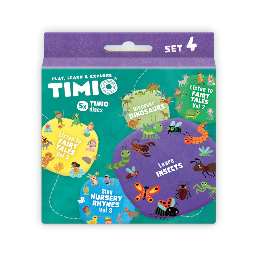 Conjunto Timio 4 com 5 discos: canções de embalar, contos de fadas, dinossauros e insetos. Ilustrações coloridas e vibrantes para crianças a partir dos 2 anos.