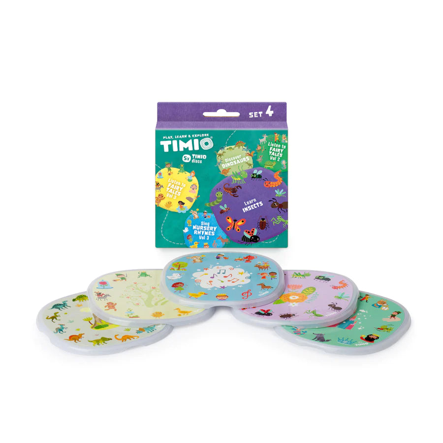 Conjunto Timio 4 com 5 discos: canções de embalar, contos de fadas, dinossauros e insetos. Ilustrações coloridas e vibrantes para crianças a partir dos 2 anos.