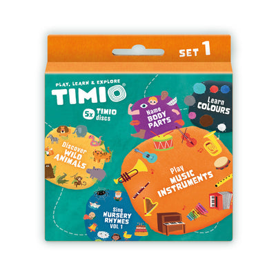 Conjunto Timio de 5 discos com temas educativos: animais selvagens, canções de embalar, cores, instrumentos musicais e partes do corpo. Ideal para crianças a partir dos 2 anos.