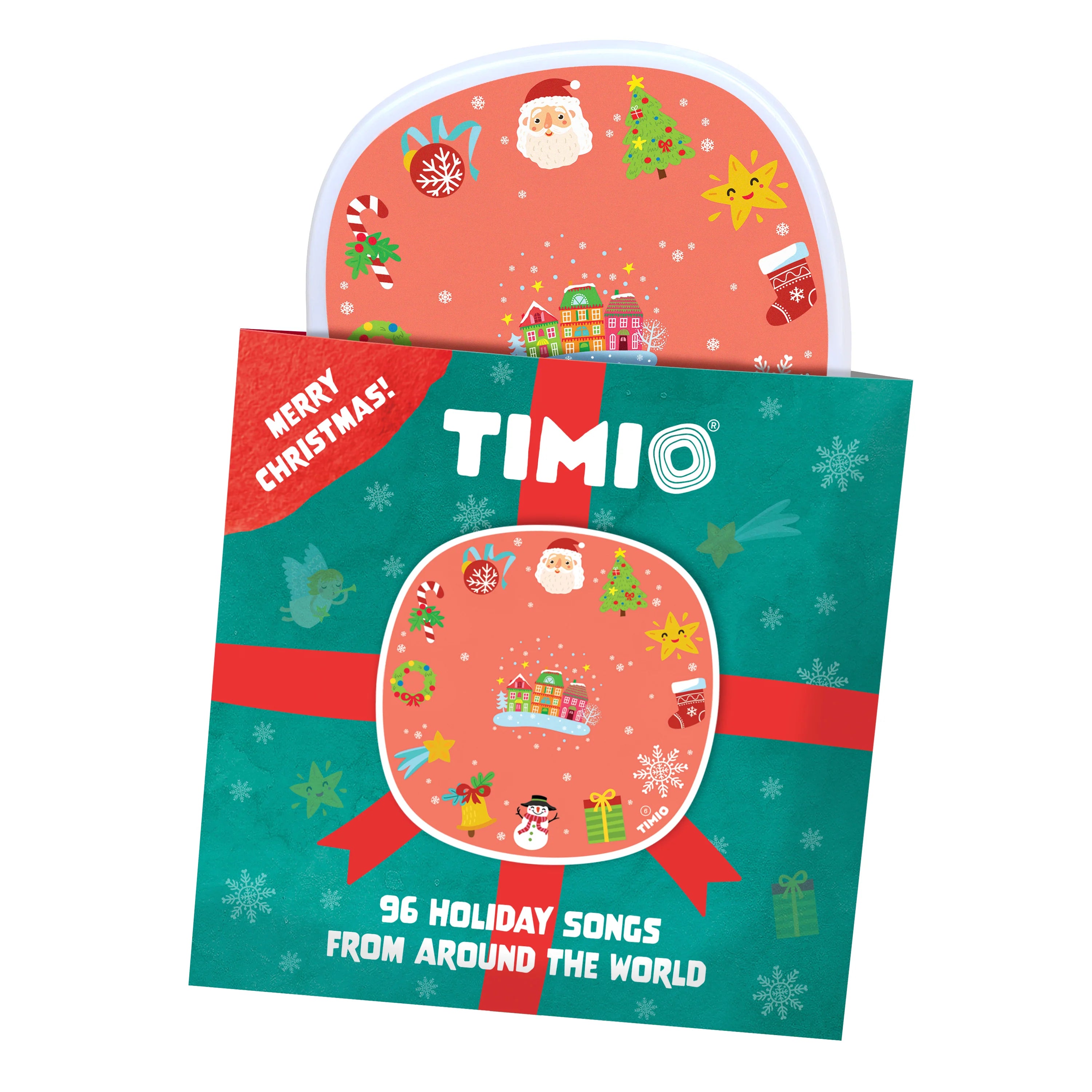 Conjunto Timio de 96 canções de Natal de todo o mundo, apresentado numa caixa festiva com ilustrações natalícias.