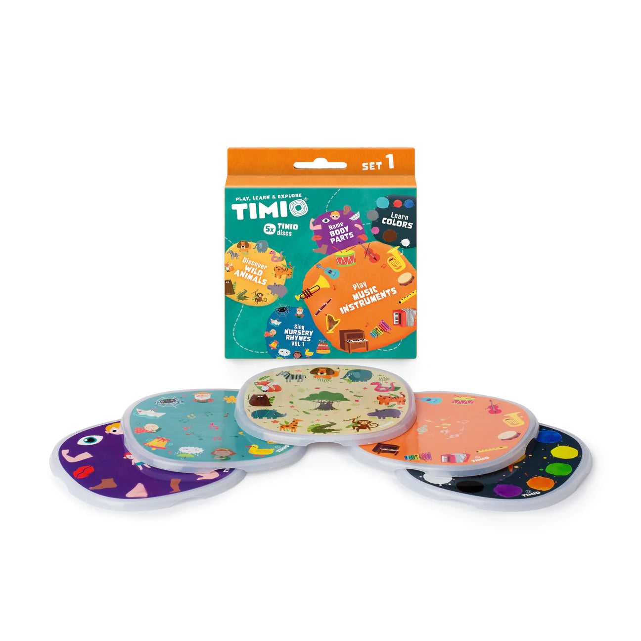 Conjunto Timio com os 5 discos, caixa e saco de transporte. Imagem que mostra o produto completo.
