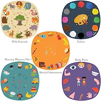Detalhe dos 5 discos Timio: Animais Selvagens, Canções de Embalar, Cores, Instrumentos Musicais e Partes do Corpo. Ilustrações coloridas e vibrantes.