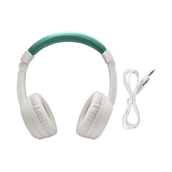 Auscultadores Timio azuis ajustáveis, vistos de frente, destacando as almofadas macias e a banda de cabeça regulável para crianças.