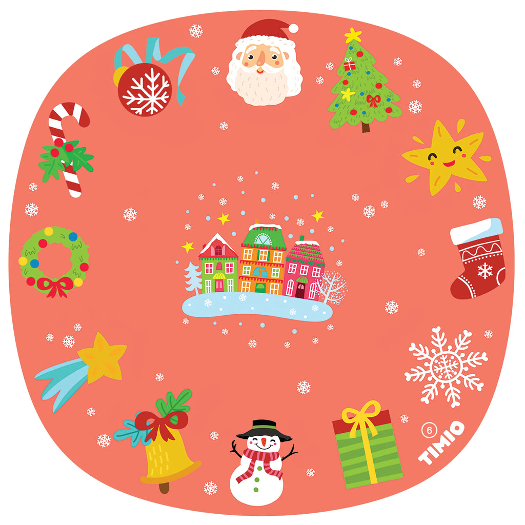 Detalhe do disco Timio de Natal, mostrando as ilustrações coloridas e os ícones natalícios.
