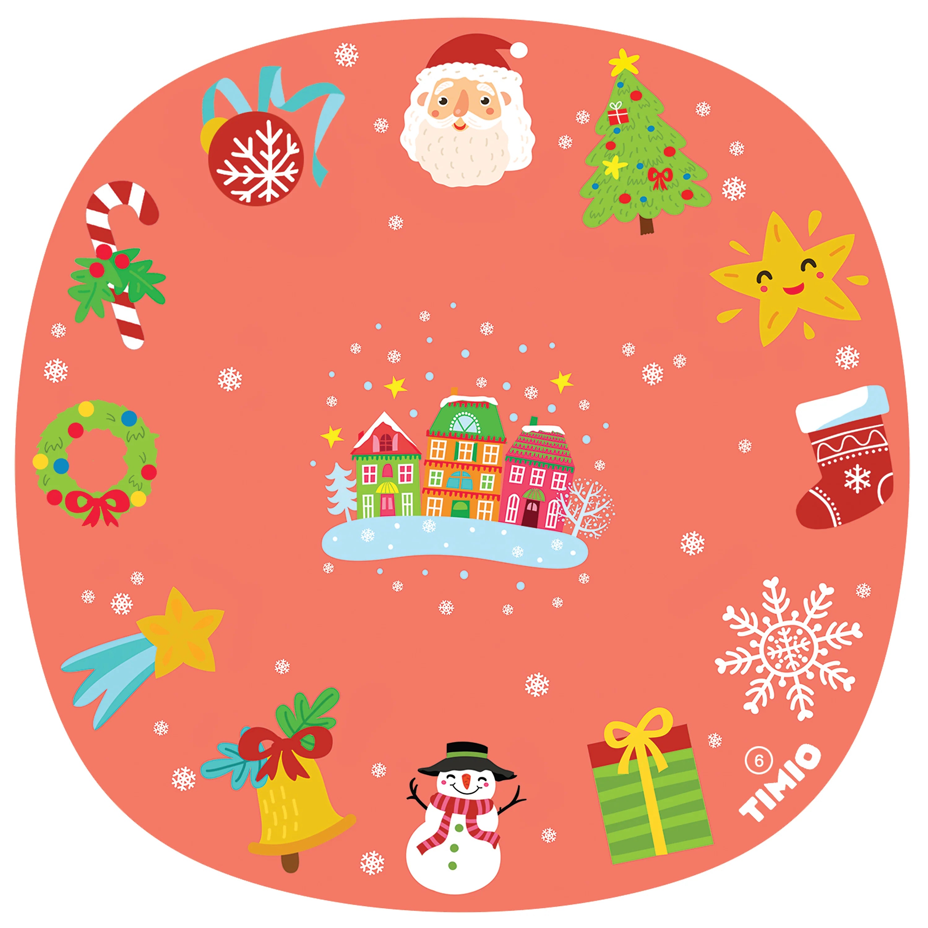 Detalhe do disco Timio de Natal, mostrando as ilustrações coloridas e os ícones natalícios.