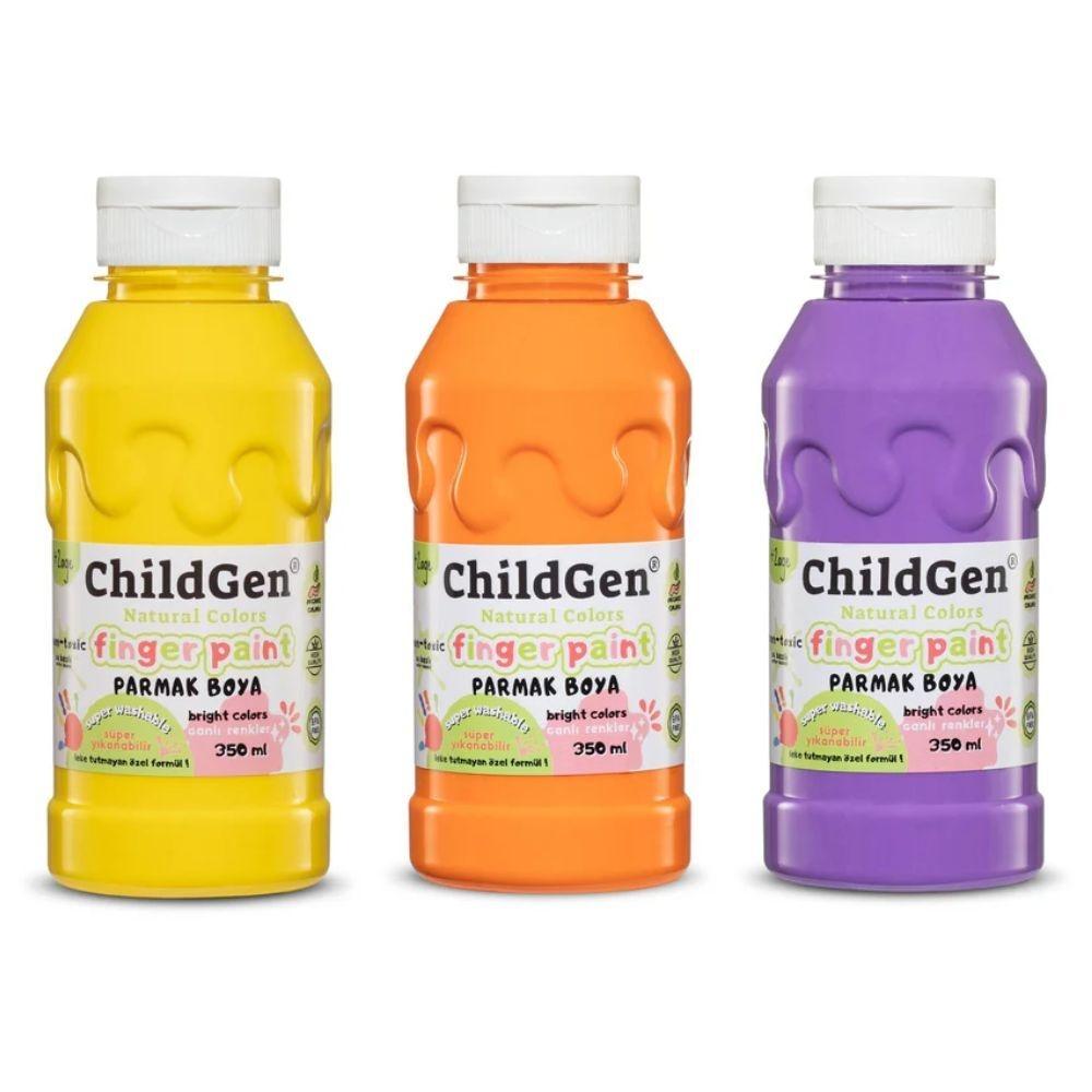 Frascos de tinta para dedos ChildGen em amarelo, laranja e roxo.