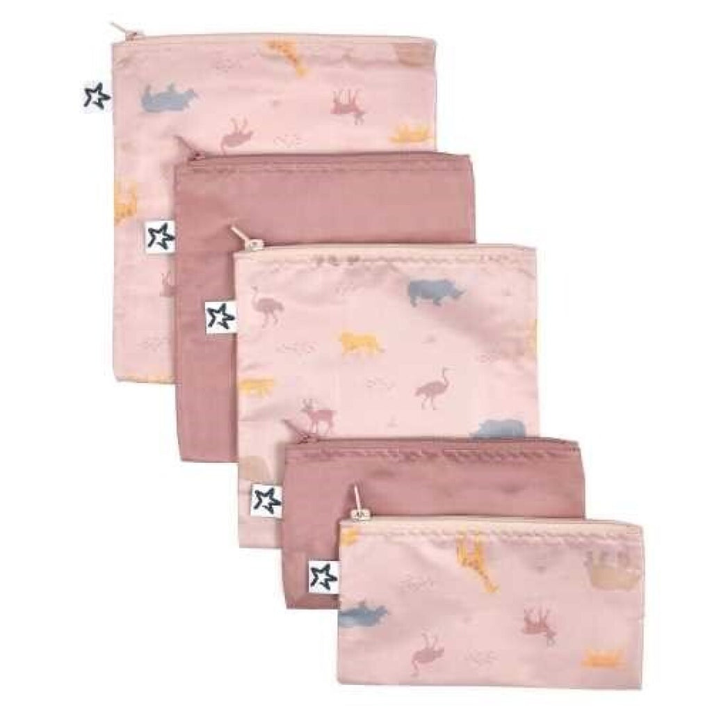 Conjunto de cinco bolsas impermeáveis Tiny Twinkle com padrão Petit Safari para organização de lanches e acessórios