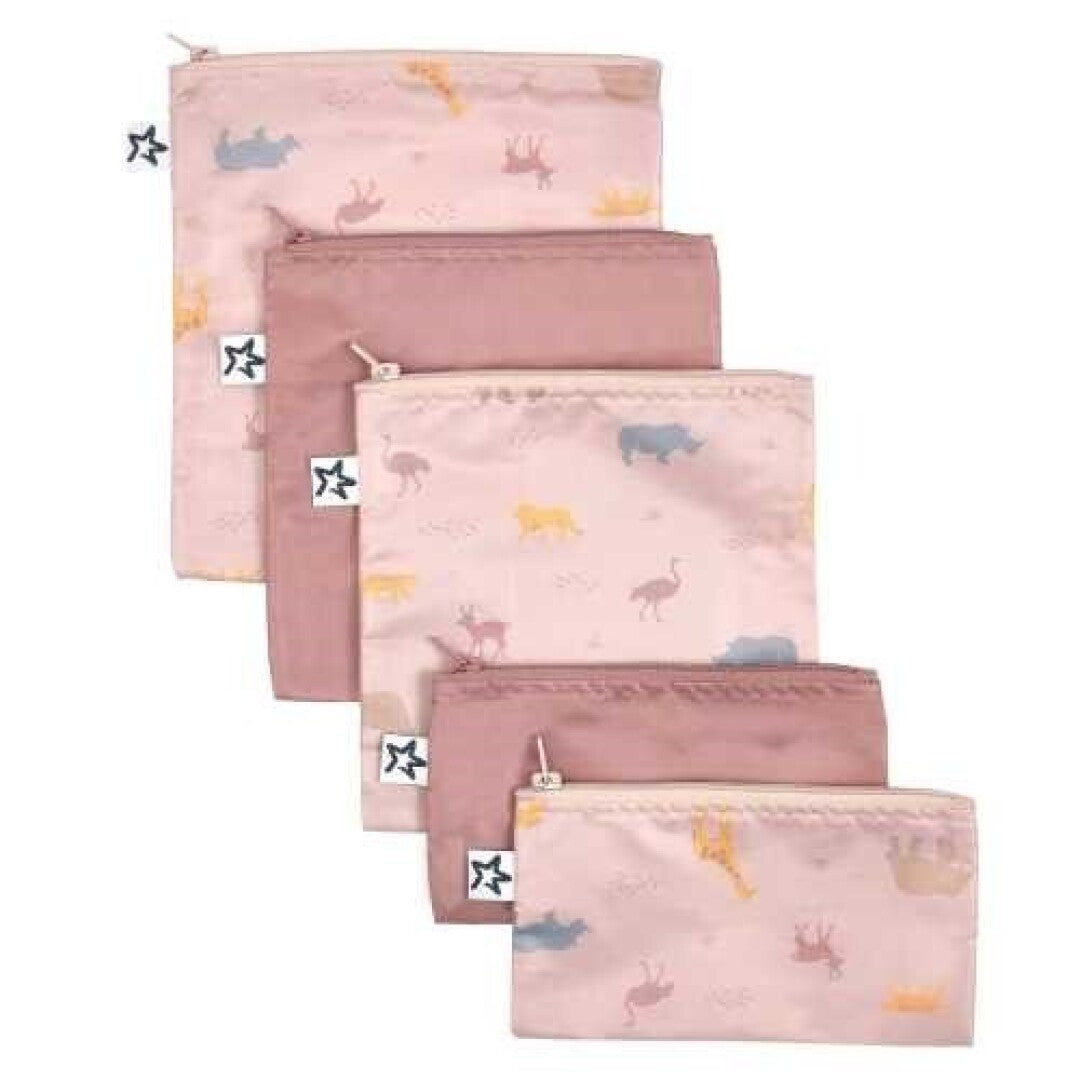 Conjunto de cinco bolsas impermeáveis Tiny Twinkle com padrão Petit Safari para organização de lanches e acessórios