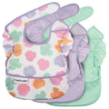 Conjunto de três babetes Tiny Twinkle sem mangas com padrões verde, lilás e flores para bebés.