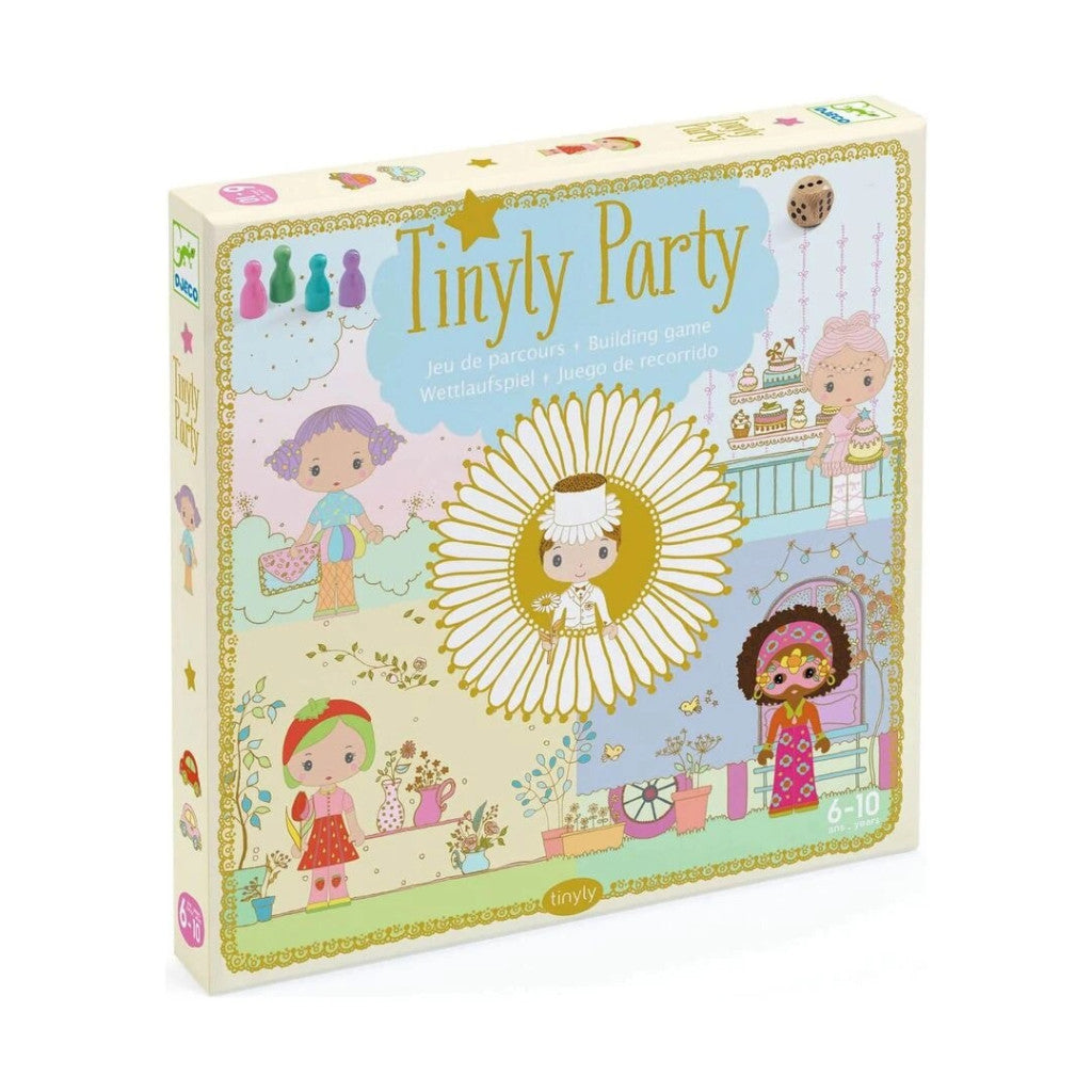 Caixa do jogo de tabuleiro Djeco Tinyly - Jogo das Festas, com ilustrações coloridas de personagens Tinyly e o título "Tinyly Party" em destaque.