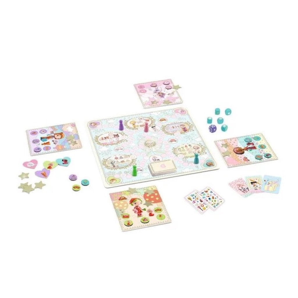 Componentes do jogo Djeco Tinyly - Jogo das Festas espalhados sobre uma superfície branca, incluindo o tabuleiro, cartas, peças e dados coloridos.