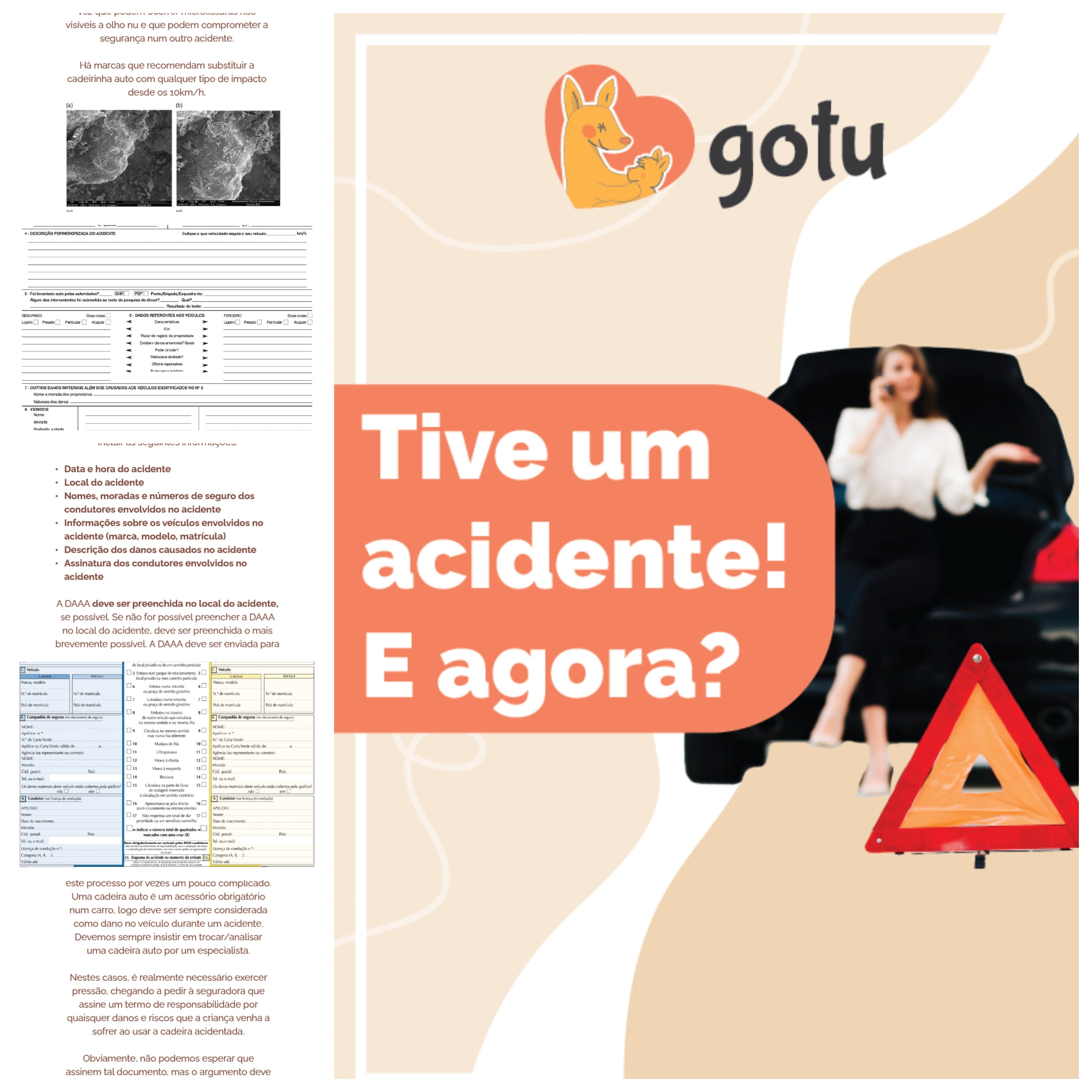 Capa do PDF informativo "Tive um acidente! E agora?" da Gotu, com ilustrações de um canguru e uma mulher ao telemóvel junto a um triângulo de sinalização, e excertos sobre a DAAA e danos em cadeiras auto.