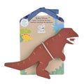 Embalagem de cartão com um mordedor de dinossauro T-Rex castanho-avermelhado em borracha natural Tikiri. A embalagem indica "Baby Dinos", "Bath Toy/Teether".