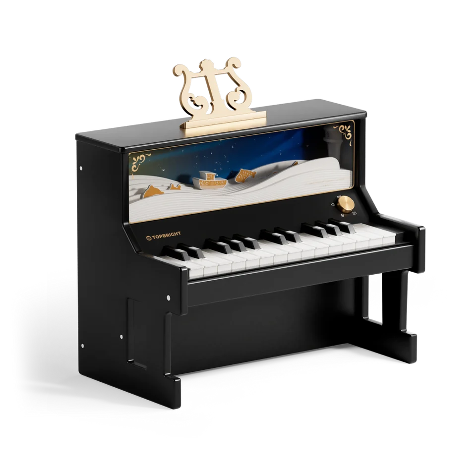 Piano inteligente infantil preto Topbright com teclas iluminadas e animação mecânica