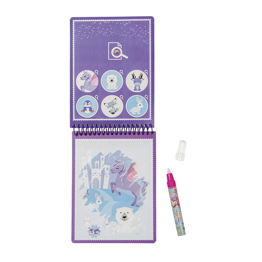 Livro de Colorir Totum Aquamagic Unicórnio aberto mostrando páginas para colorir e encontrar imagens.