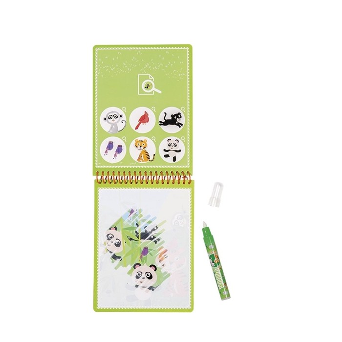 Livro de Colorir Totum Aquamagic Vida Selvagem aberto mostrando páginas para colorir e encontrar imagens.