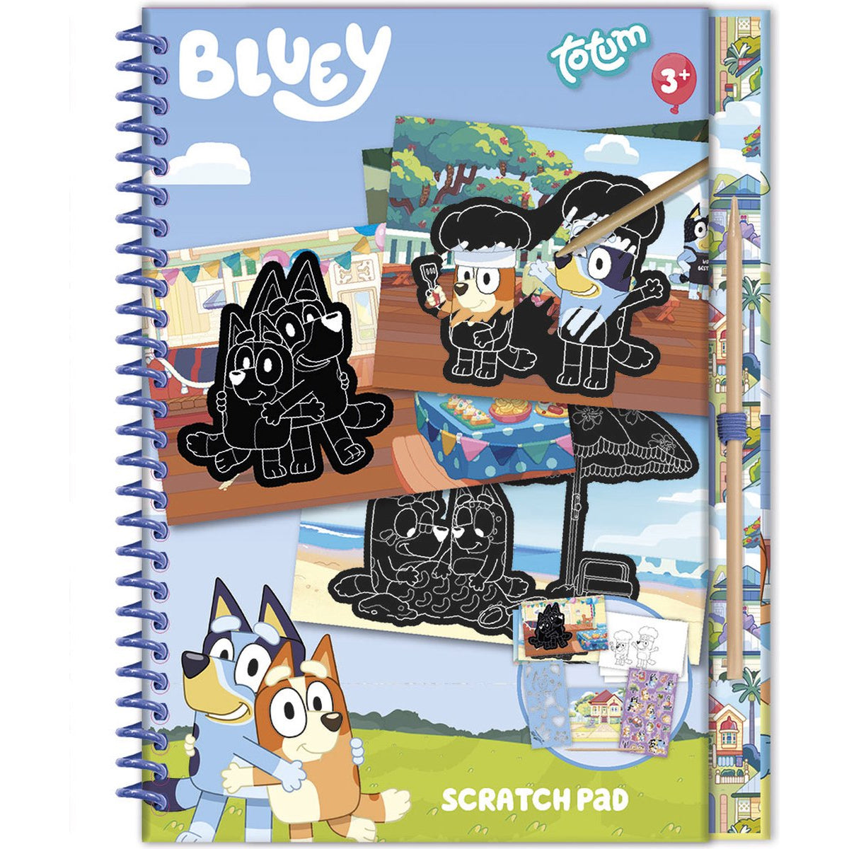 Capa do livro de atividades espiralado "Bluey Scratch Pad" da Totum, mostrando as personagens e exemplos de painéis para raspar com caneta de madeira. Indica idade 3+.