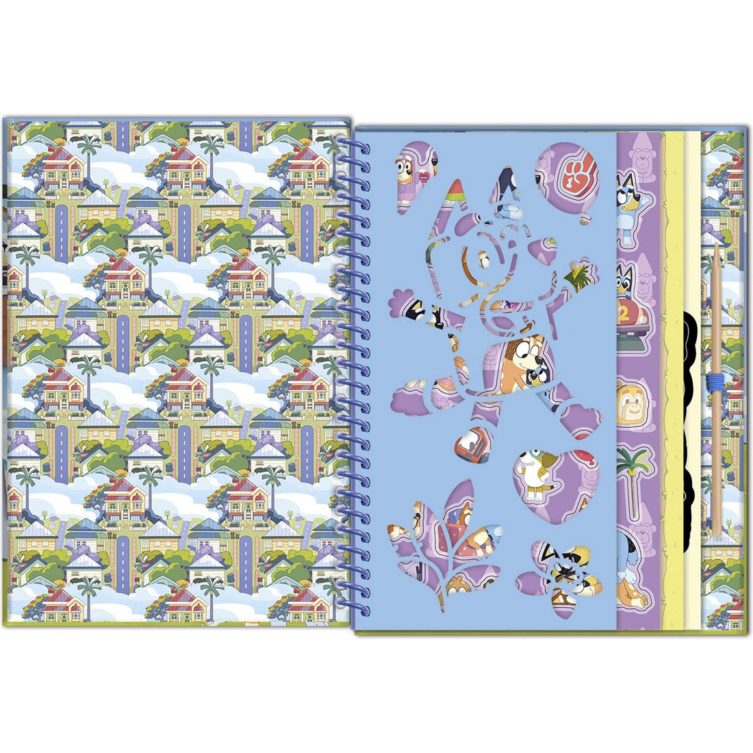 Capa do Livro de Raspar e Atividades Bluey da Totum, mostrando Bluey, Bingo e exemplos de desenhos para raspar.