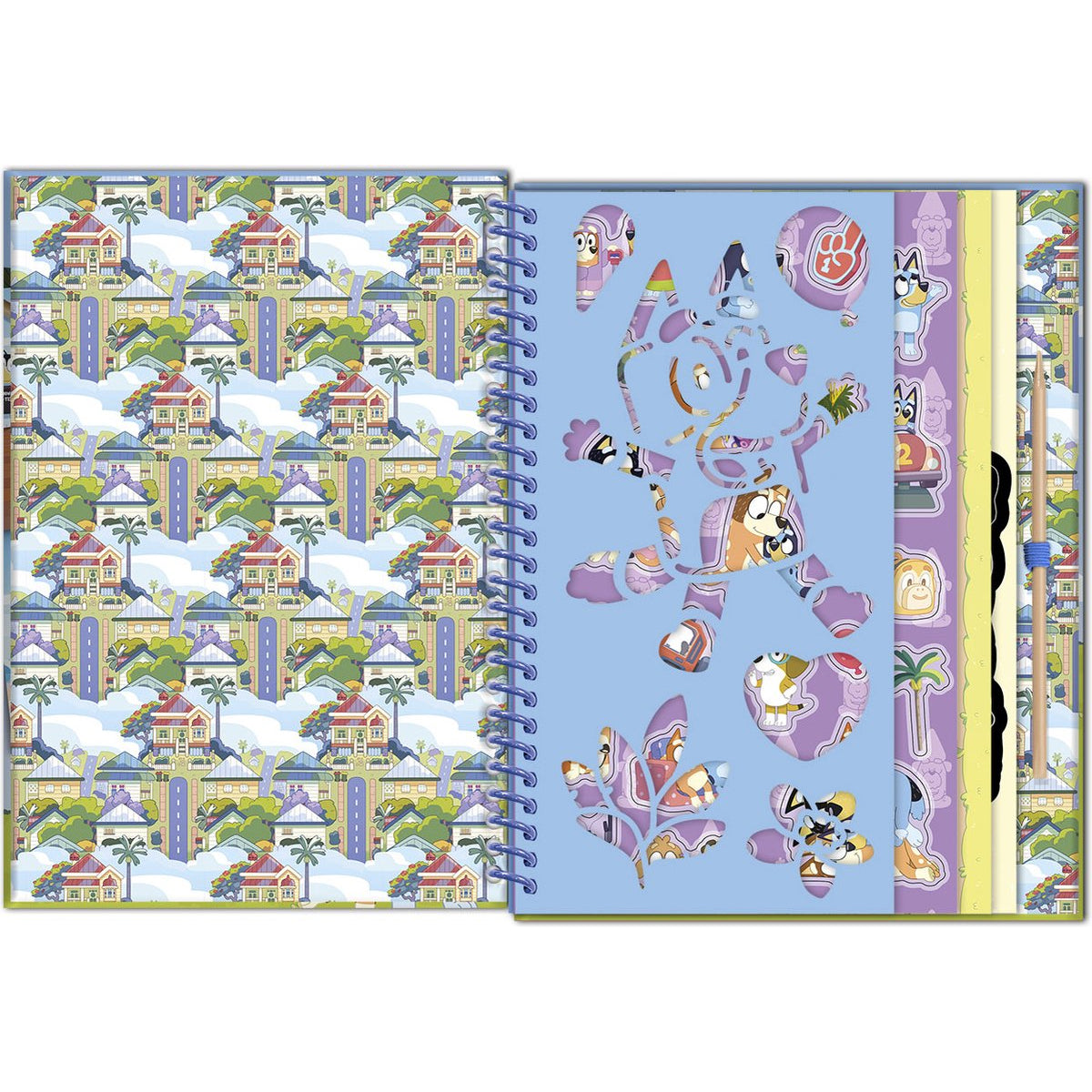 Páginas interiores do livro de raspar Bluey, exibindo um cenário de fundo e um modelo de desenho com personagens.