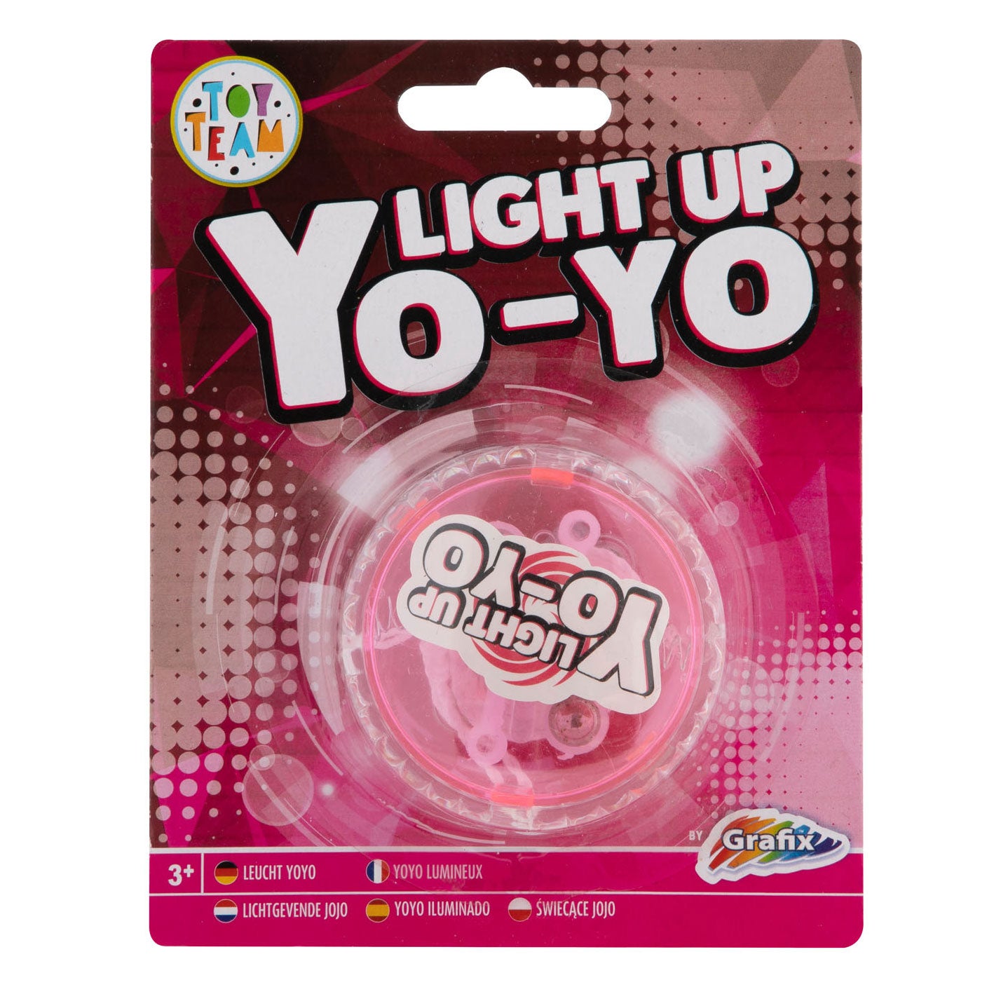 Embalagem de Yo-Yo Toy Team Light Up na cor rosa, mostrando o produto translúcido com luz interior.