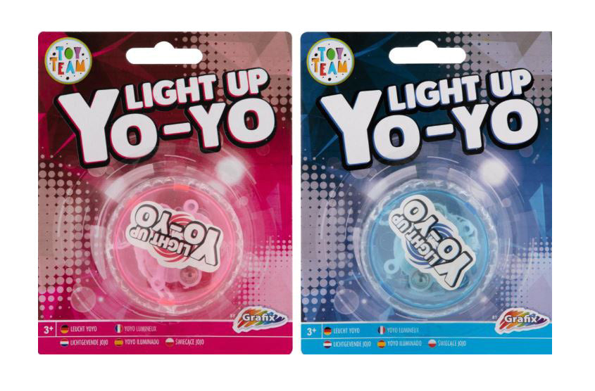 Embalagens de dois Yo-Yos Toy Team Light Up, um rosa e um azul, com o logótipo Grafix e indicação de idade 3+.