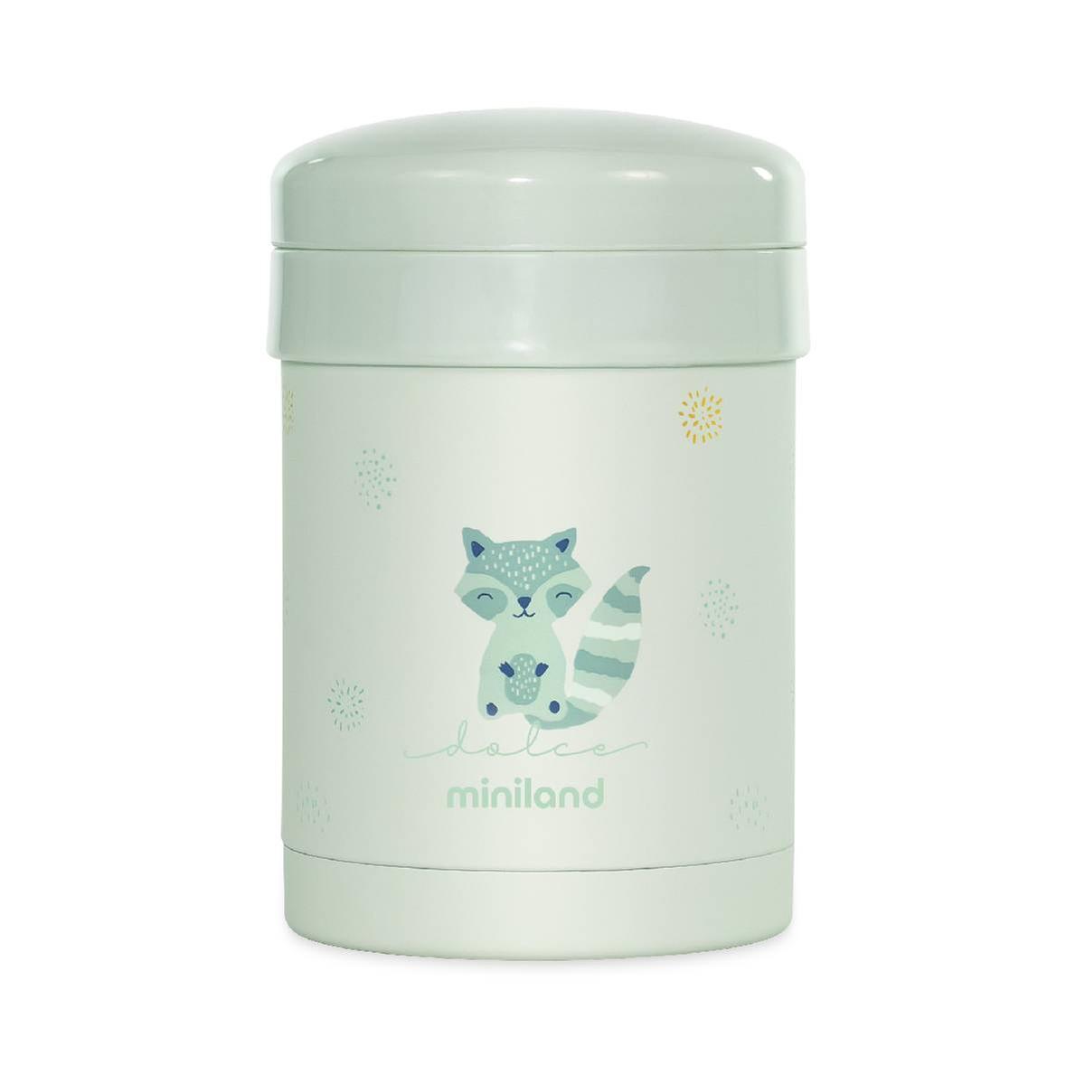 Termo Sólidos Miniland Mint 280 ml com design de raposa, vista frontal sobre fundo branco.