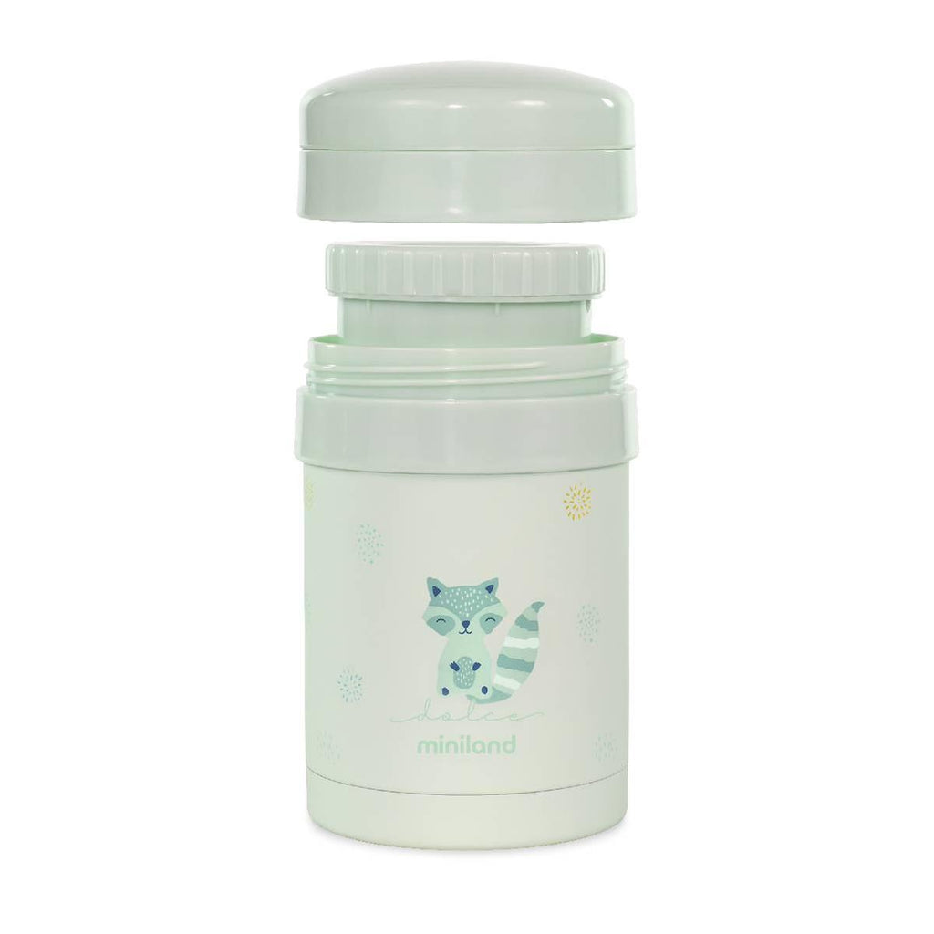 Termo Sólidos Miniland Mint 280 ml parcialmente aberto, mostrando a estrutura interna e os recipientes empilhados.