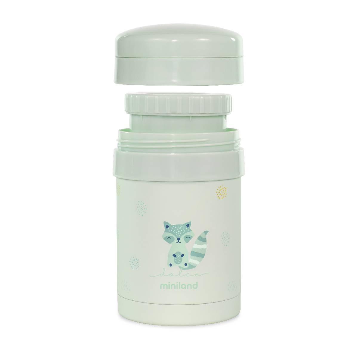 Termo Sólidos Miniland Mint 280 ml parcialmente aberto, mostrando a estrutura interna e os recipientes empilhados.