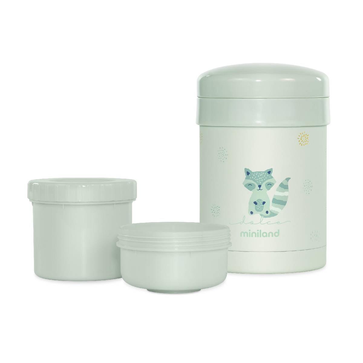 Termo Sólidos Miniland Mint 280 ml com os dois recipientes internos separados ao lado, sobre fundo branco.