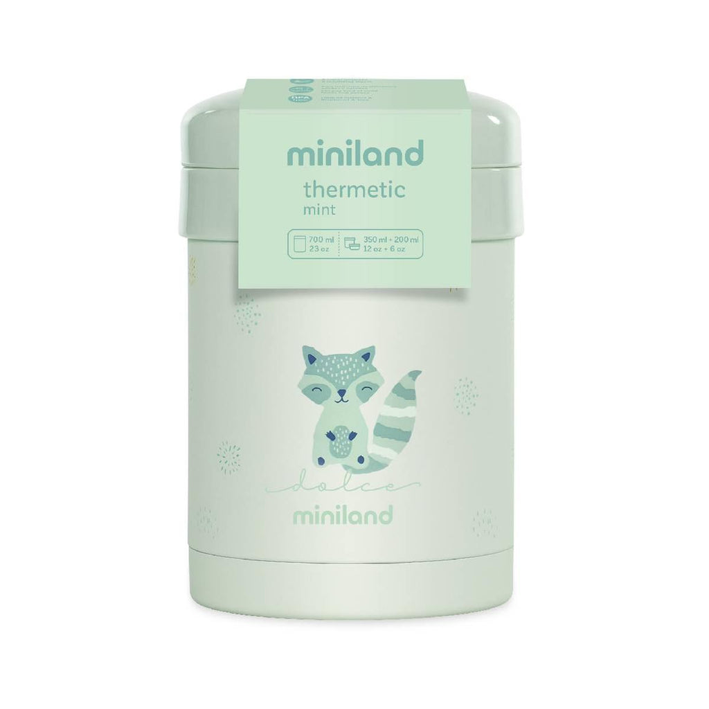 Termo Sólidos Miniland Mint 280 ml com a banda de papel da embalagem, destacando a capacidade e o nome do produto "thermetic mint".