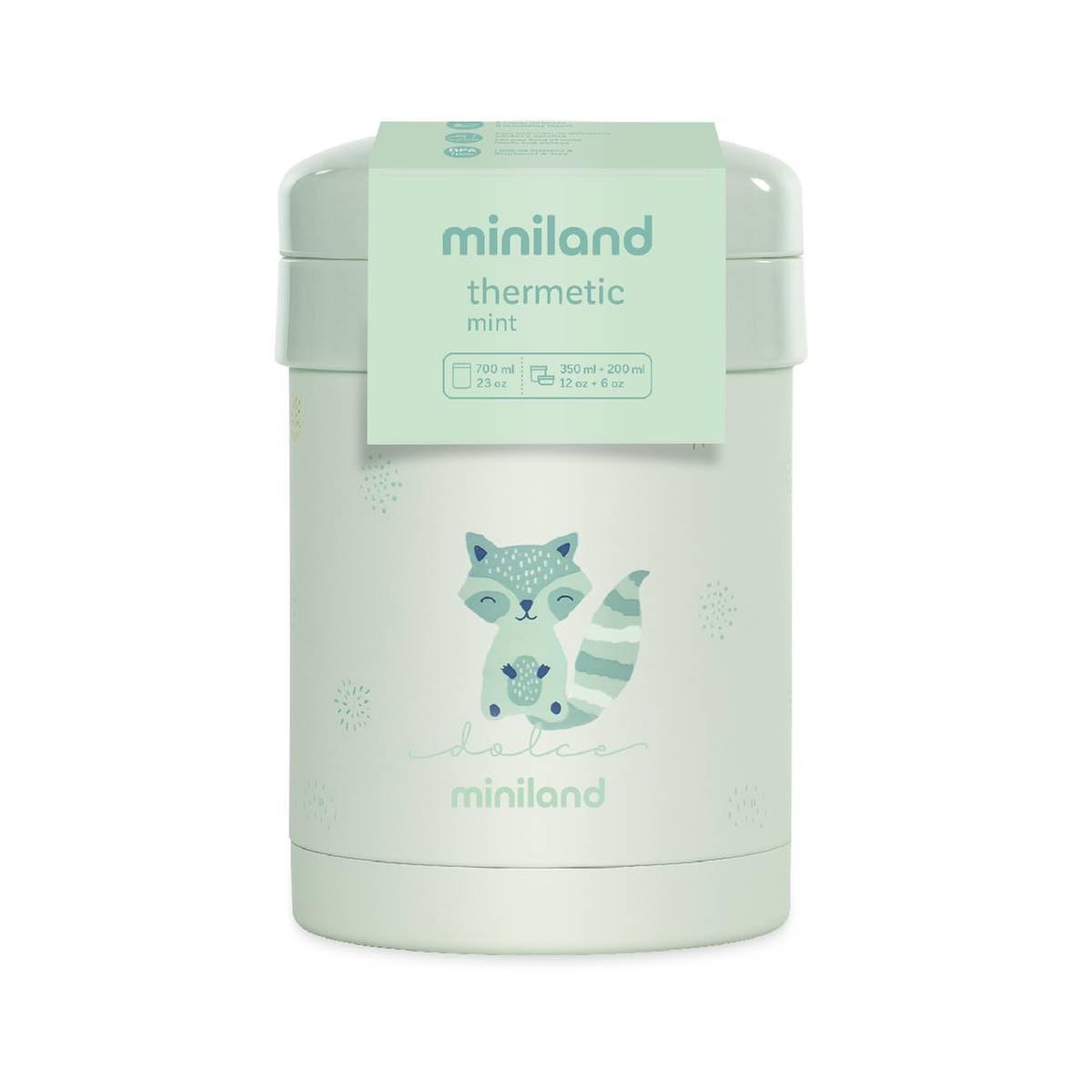 Termo Sólidos Miniland Mint 280 ml com a banda de papel da embalagem, destacando a capacidade e o nome do produto "thermetic mint".